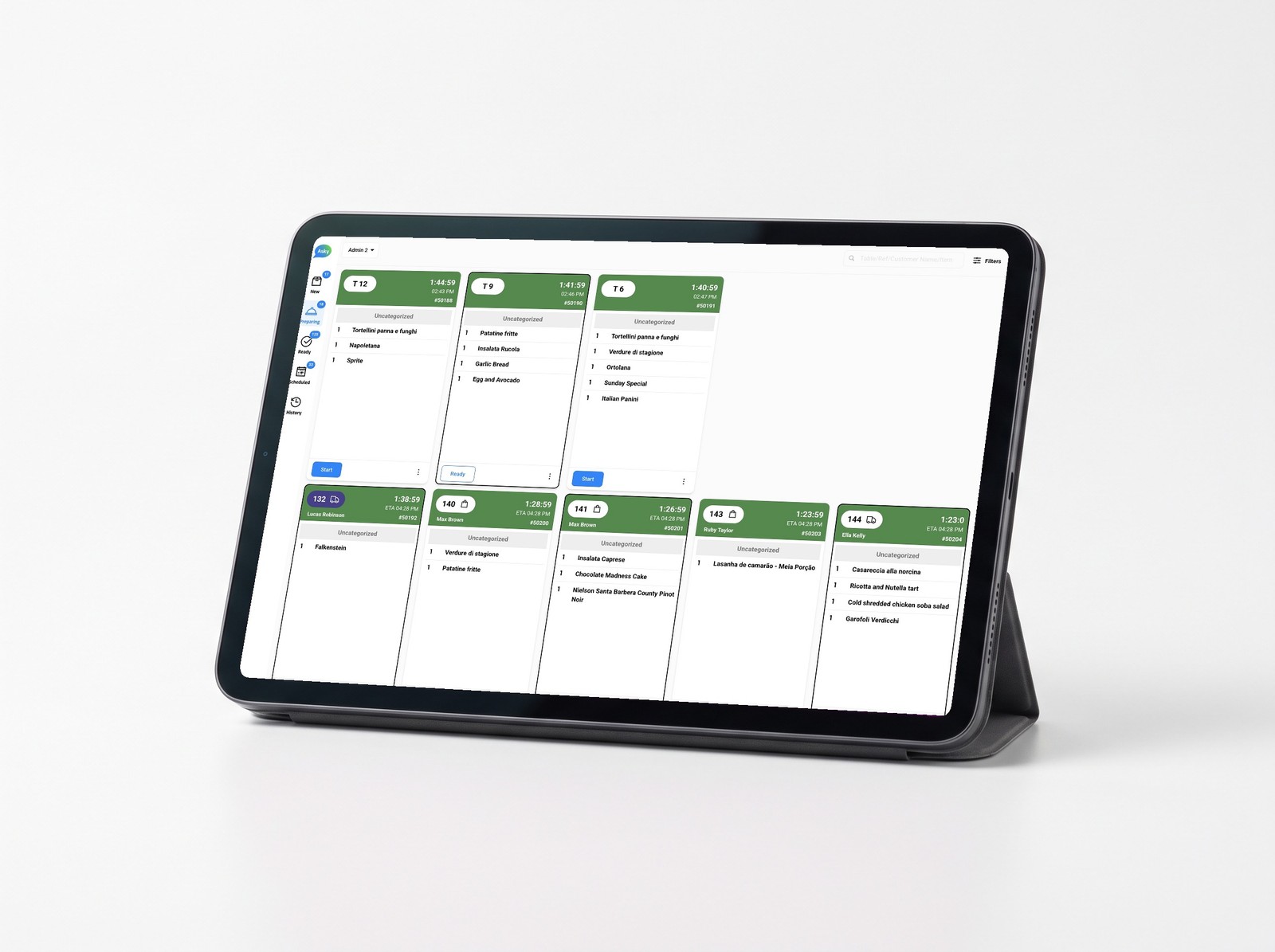 The Asky kitchen display on a tablet, showing dine-in, pickup and delivery tickets sequenced in one queue, each with a live timer