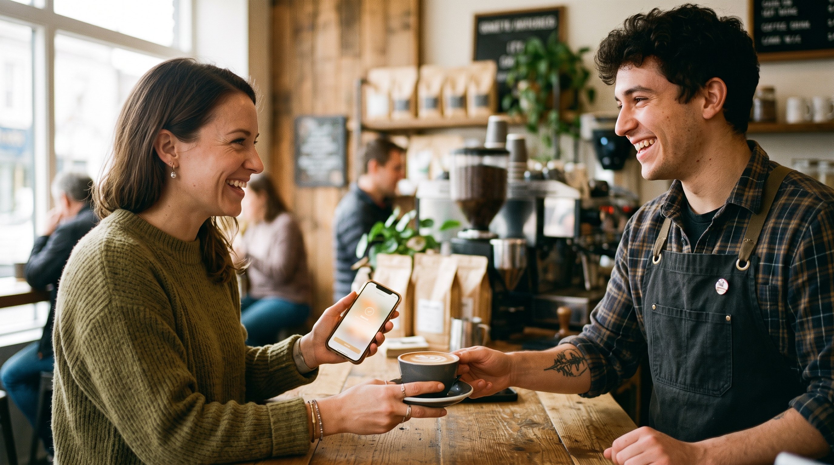 O cartão de fidelidade digital da Asky no celular de um cliente, carimbos preenchendo a cada café