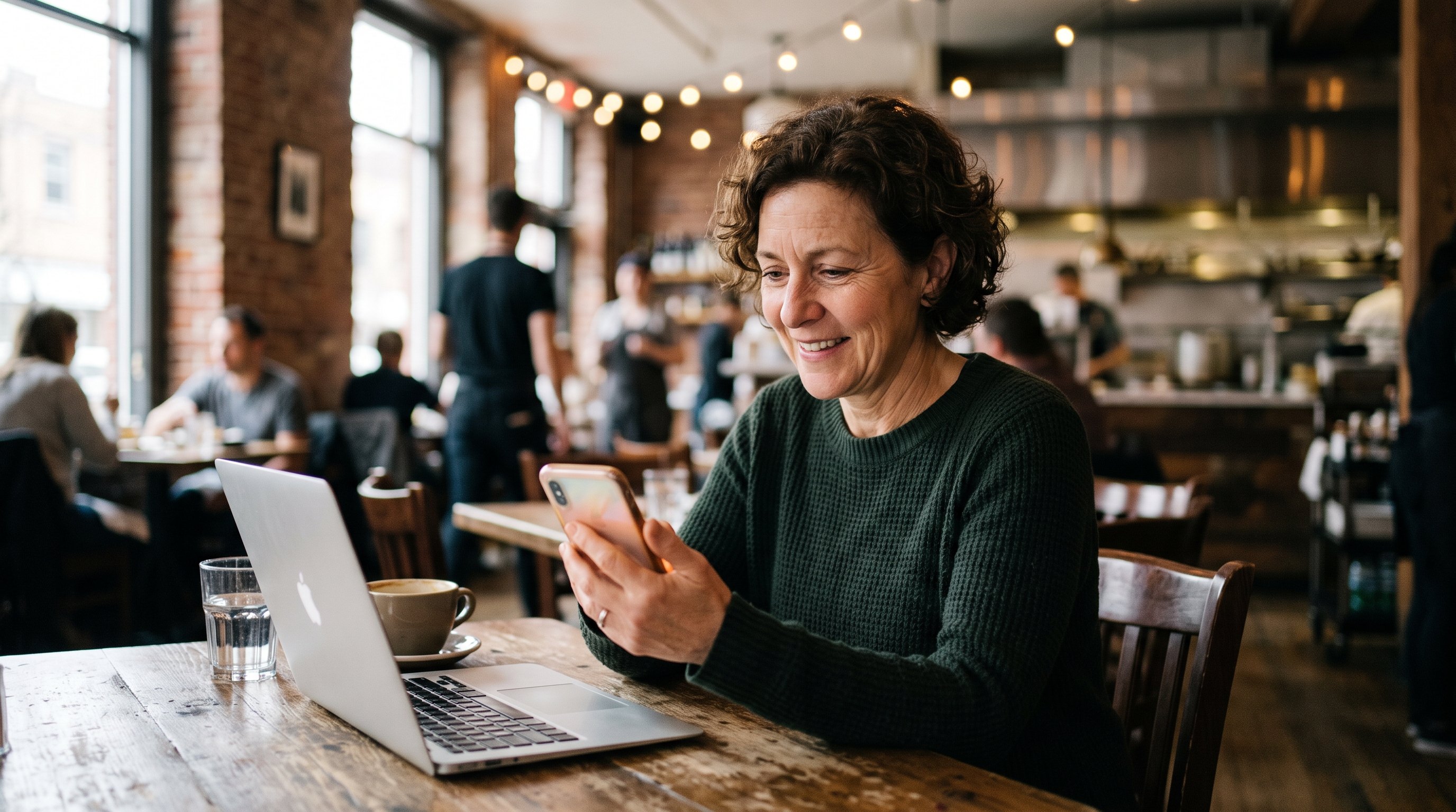 A guest smiling at a message on her phone, the venue busy behind her