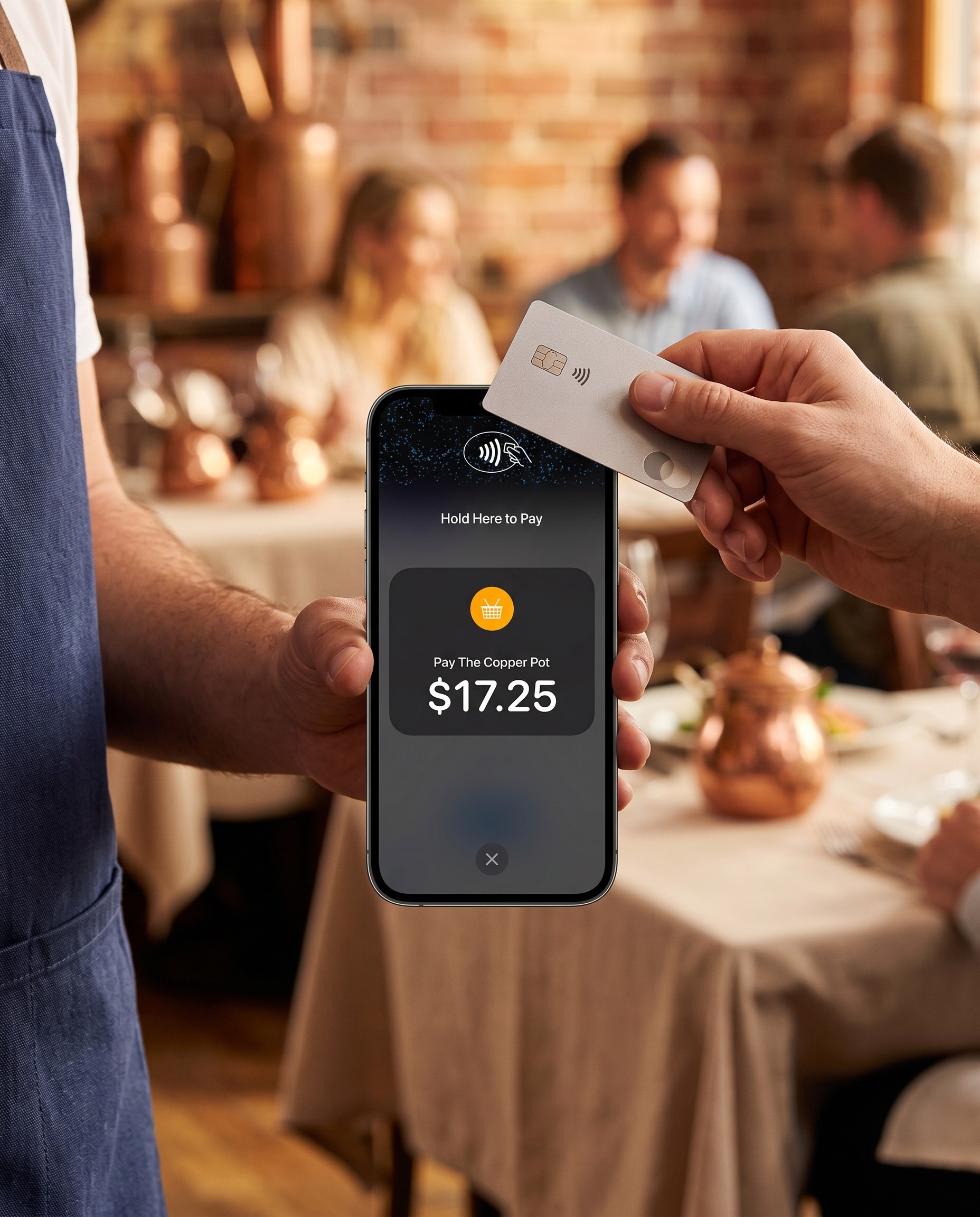 A staff member holding up a phone showing the "Hold Here to Pay" tap-to-pay screen, a customer tapping a contactless card against it