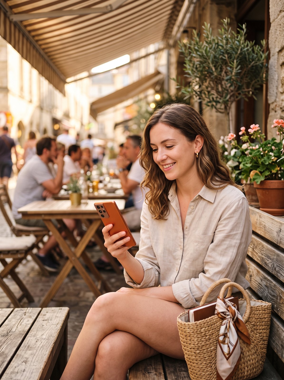 A customer sitting outside under an awning, checking her phone and smiling, an orange phone in hand