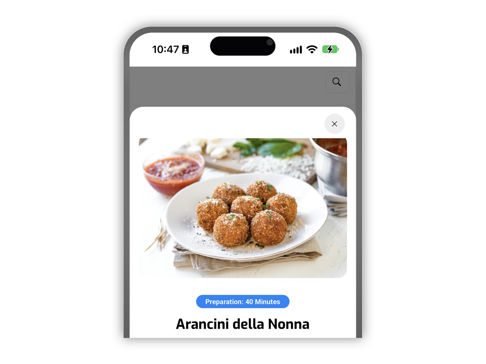 A customer’s phone showing a menu item with its photo, a blue “Preparation: 40 Minutes” pill and the item name beneath