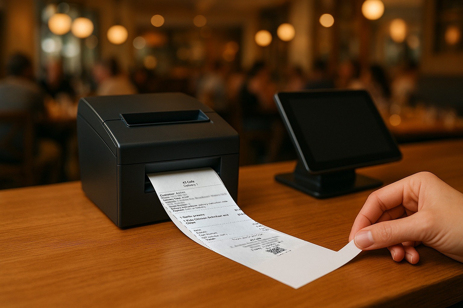 A printed delivery bill curling across a timber counter, a hand pulling the tail of the paper, a small QR code printed near the foot of the bill, a POS tablet stand behind