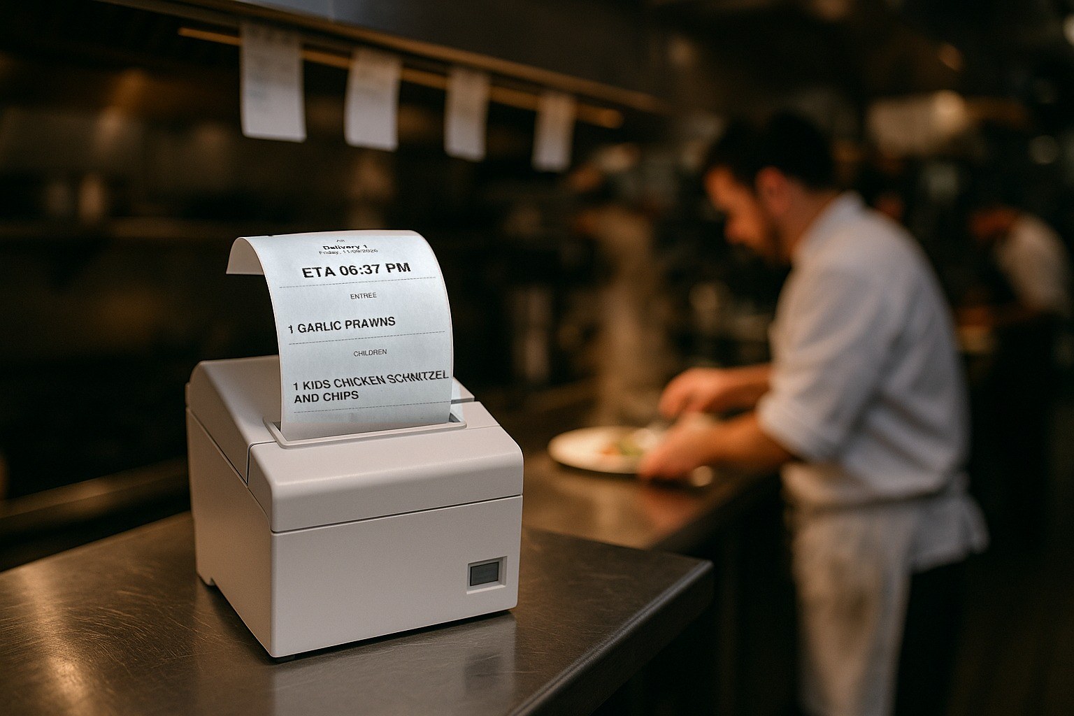 A kitchen ticket rising out of a printer on the pass