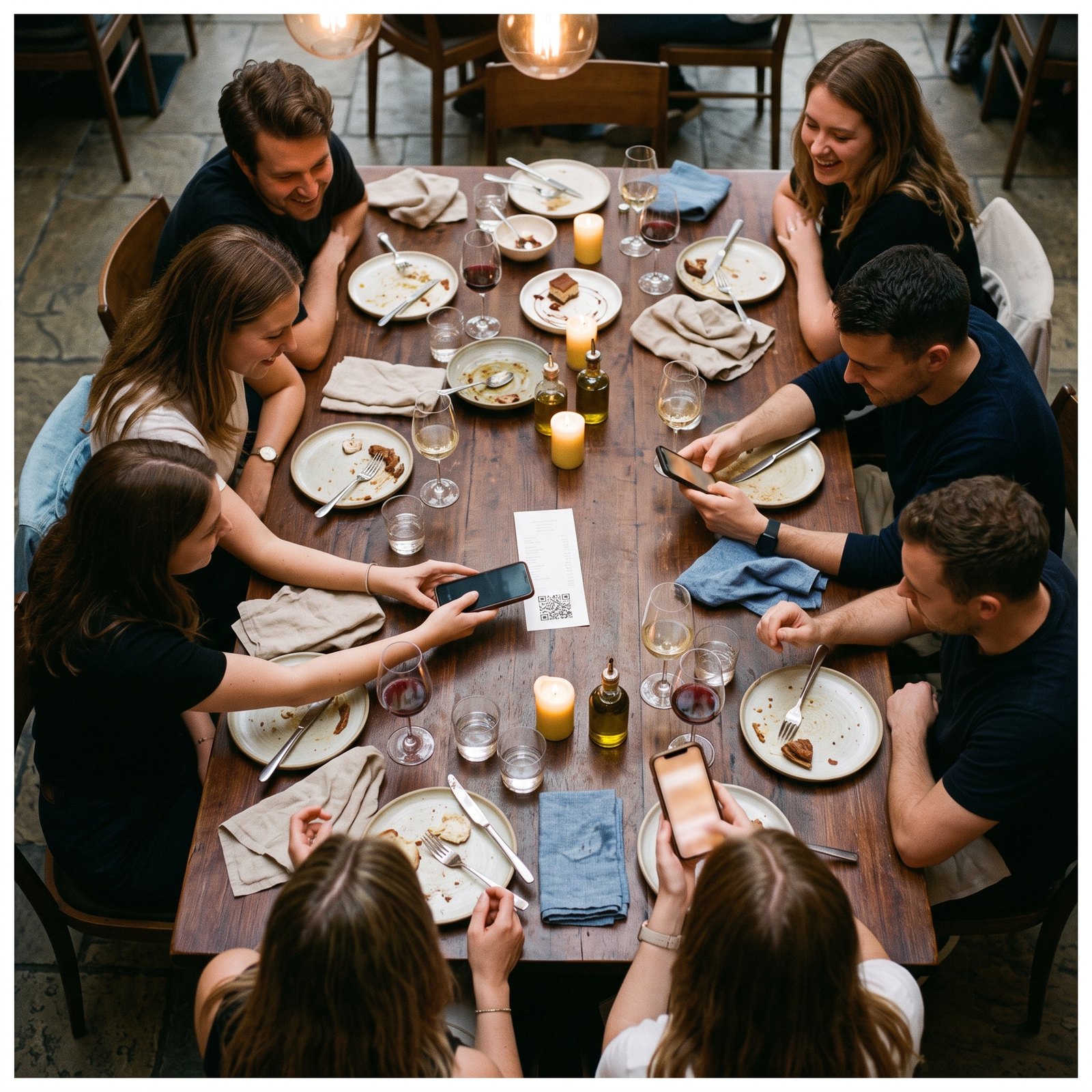 Eight friends around a table seen from above, one scanning the QR code on the bill, two others settling their share on their phones
