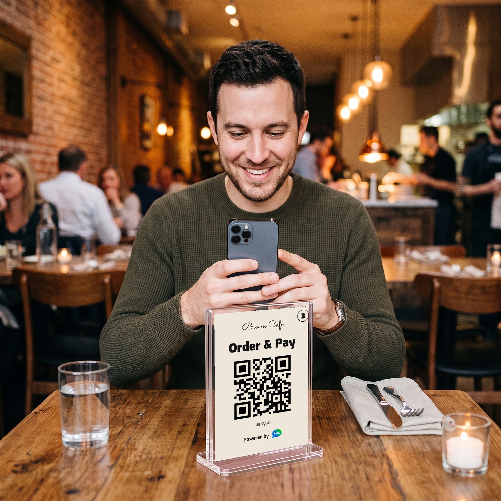 A guest at a table scanning the Order & Pay QR card in a clear acrylic table-tent holder, table number 3 top right, asky.ai printed under the QR code