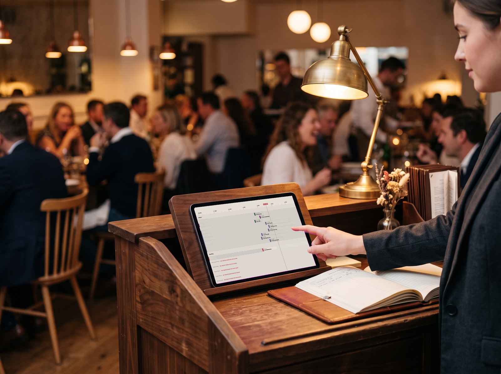 The Asky booking timeline on a tablet, showing every table’s reservations laid out against the clock