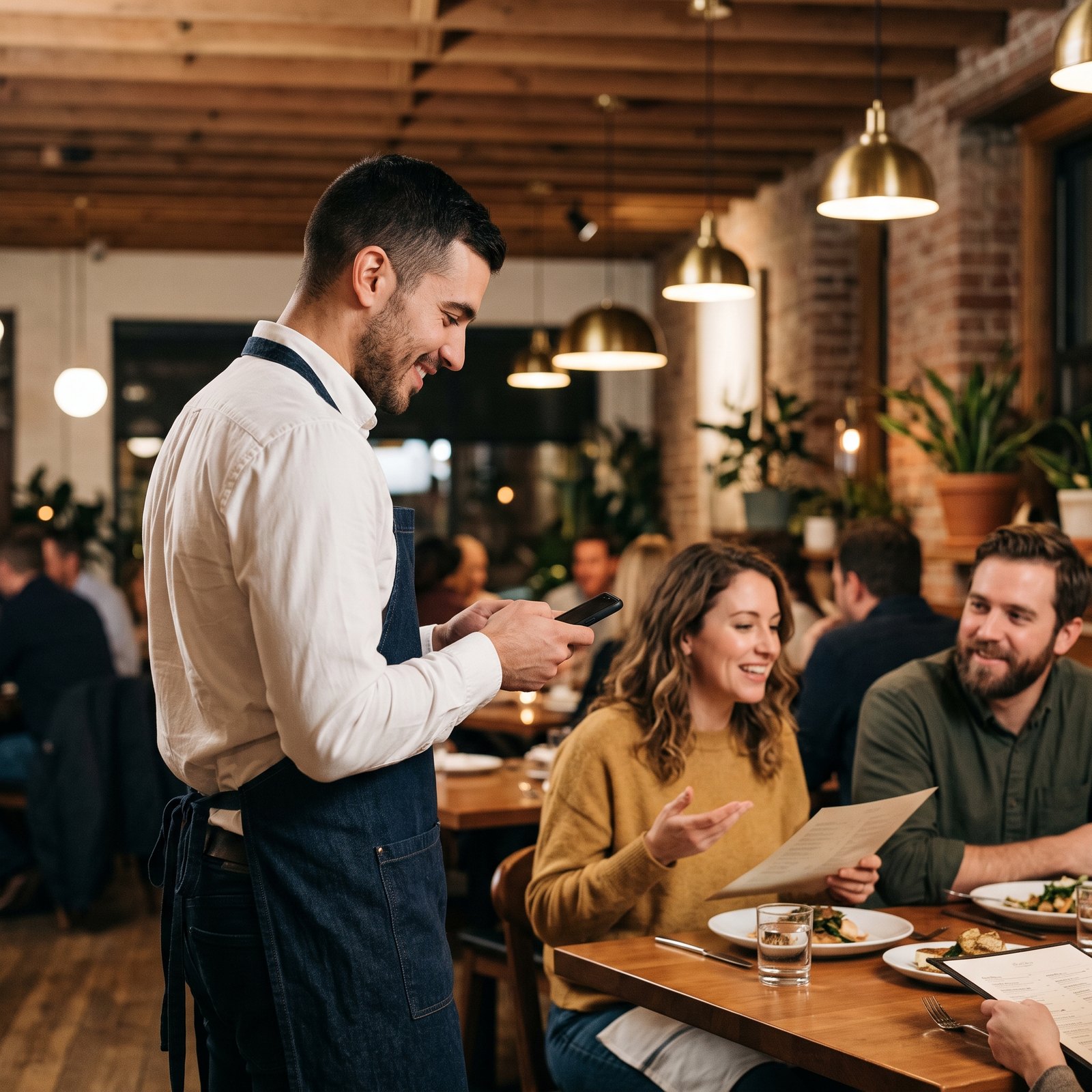 A staff member taking a group’s order on his phone at the table