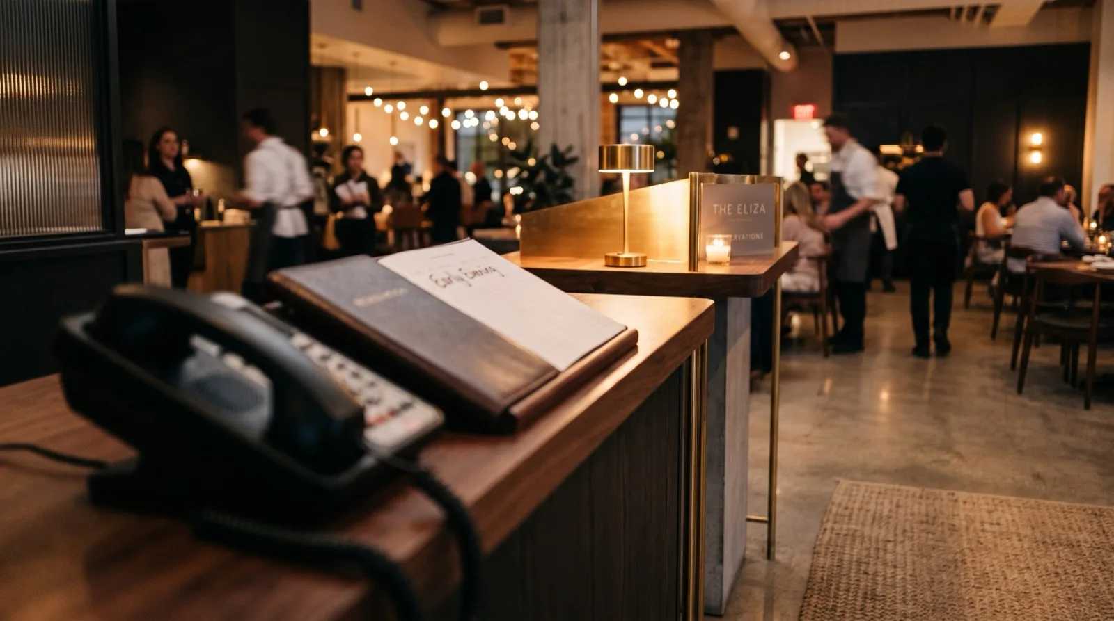A restaurant host stand with a reservation book and phone, the dining room busy behind