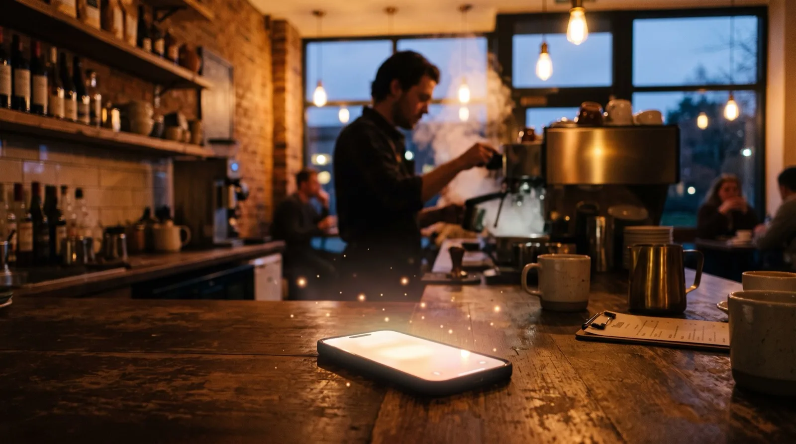 A phone lighting up with messages on a cafe counter at dusk