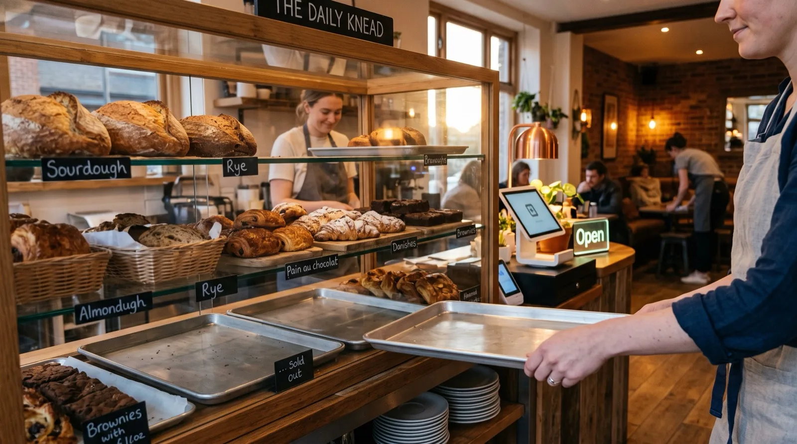 A bakery display case with fresh pastries and an empty sold-out tray
