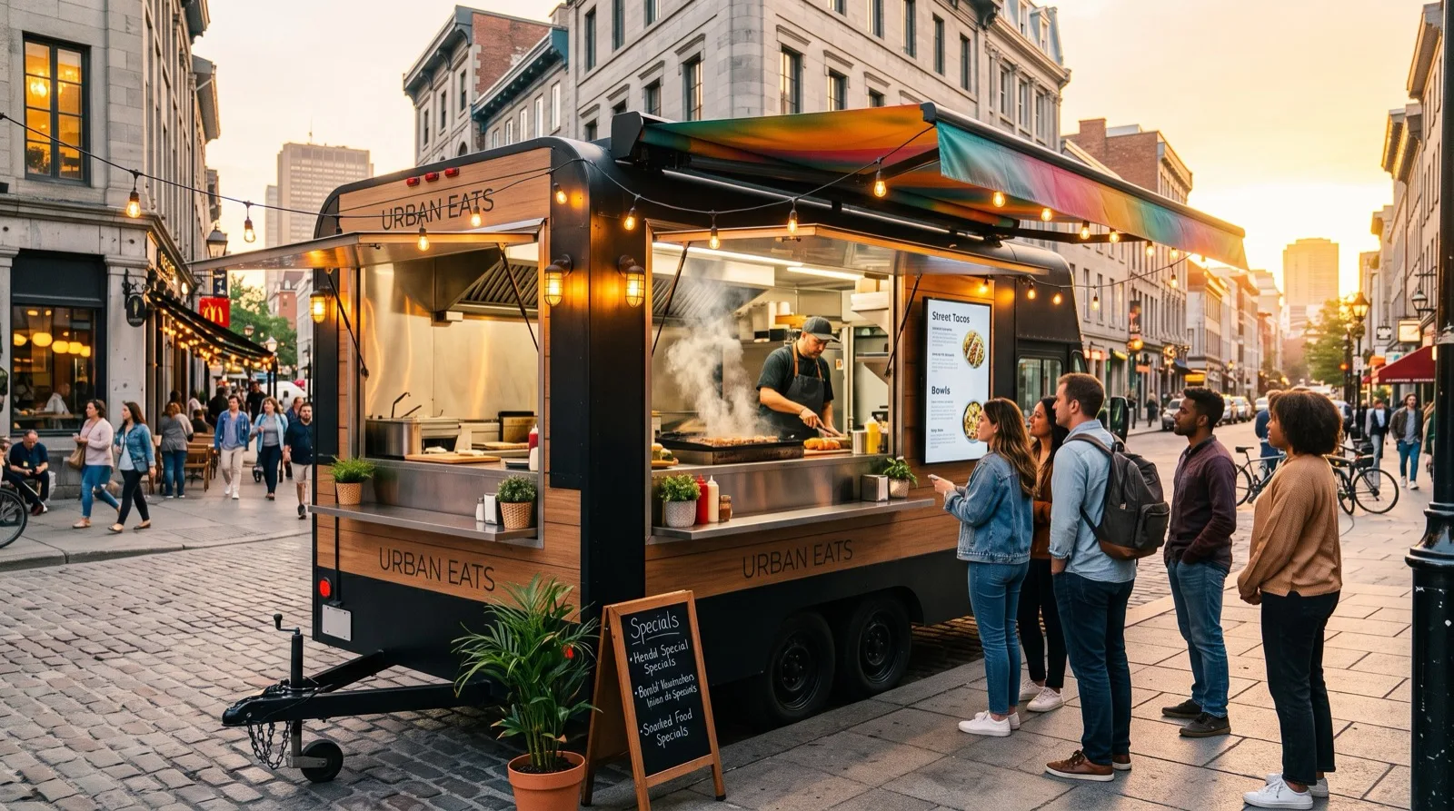 A food truck serving a queue of customers on a city street at golden hour