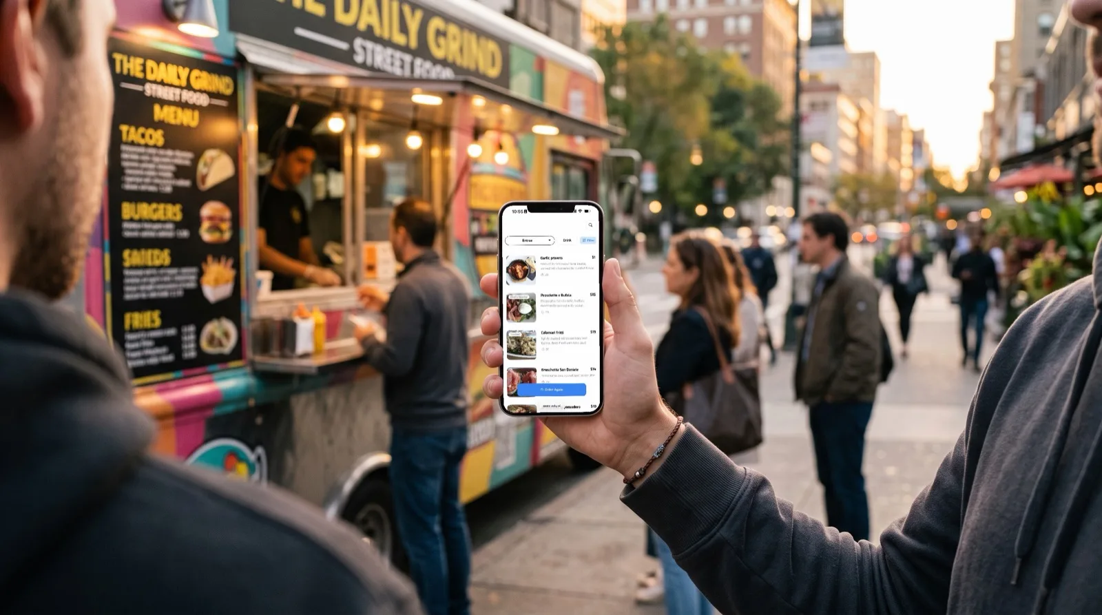 A customer browsing the Asky menu on their phone while queueing at a food truck