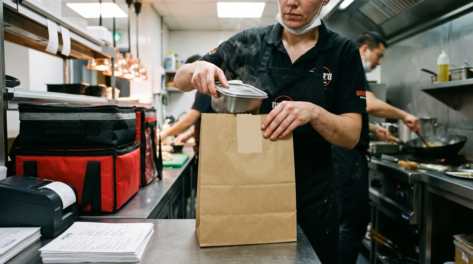 A cook sealing a delivery bag in a ghost kitchen