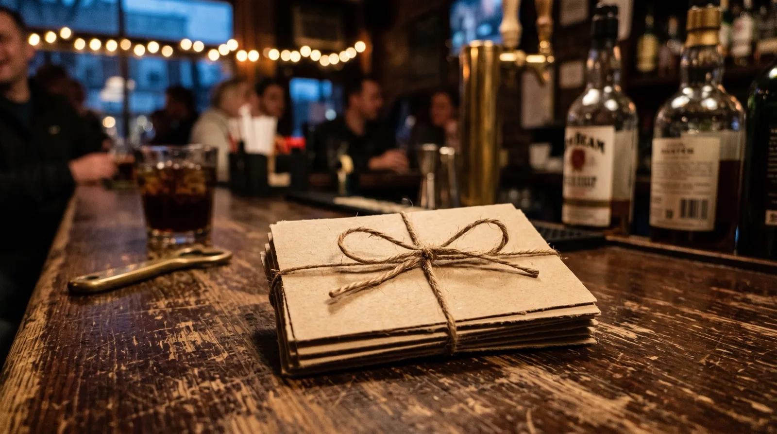 A stack of gift cards tied with ribbon on a bar counter