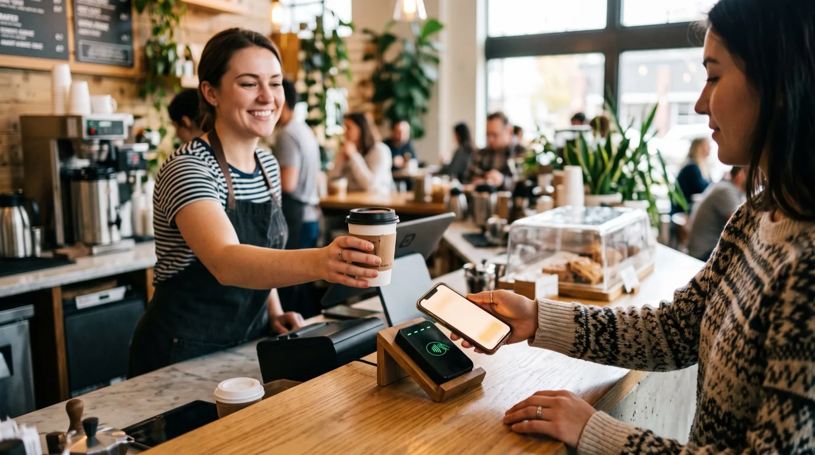 A customer tapping their phone to redeem a reward at a cafe counter