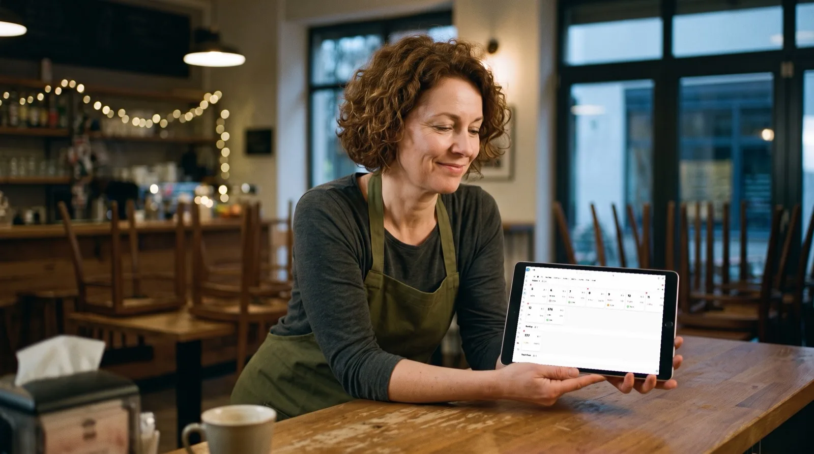 A cafe owner reviewing table and order numbers on a tablet at closing time