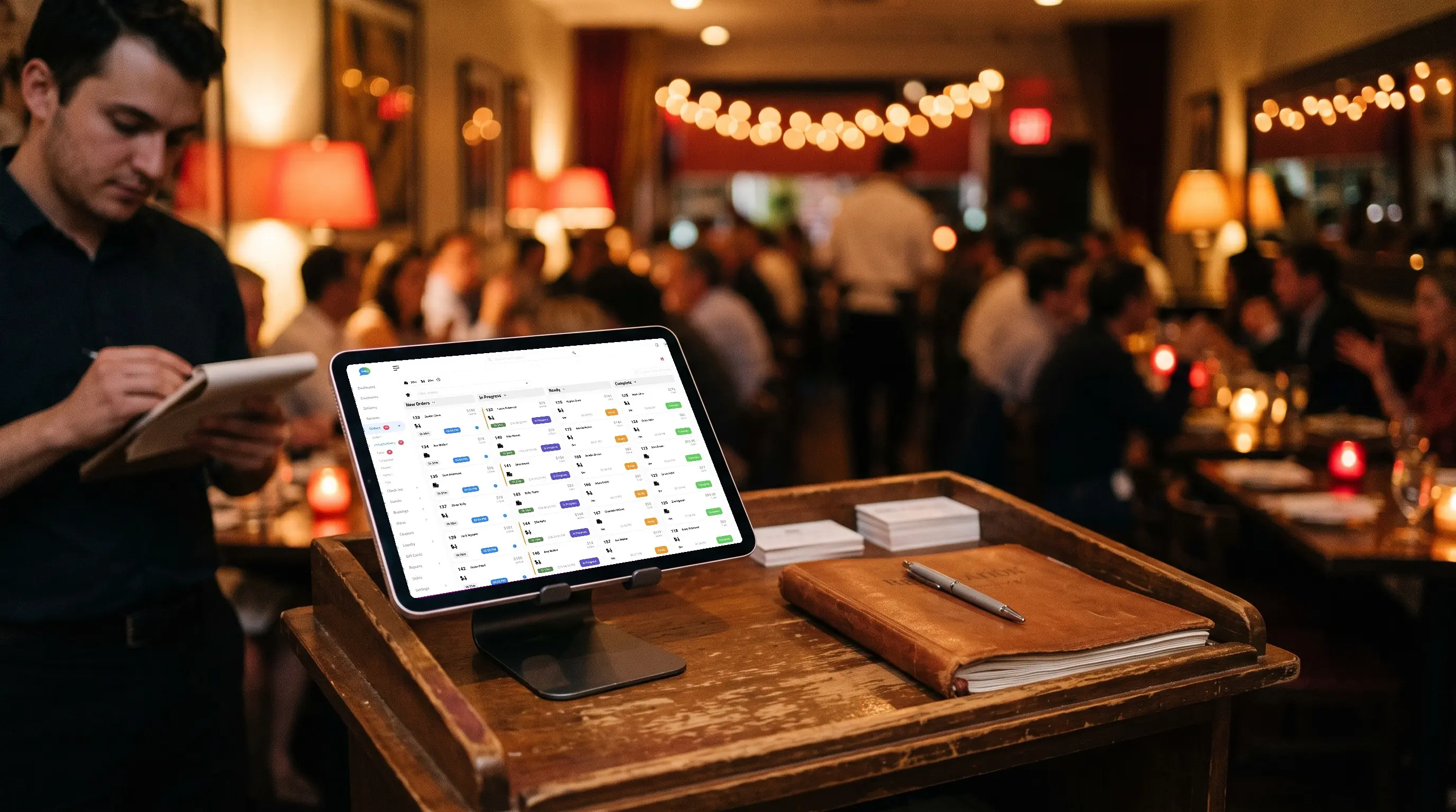 A manager reviewing the Asky orders dashboard on a tablet in the dining room