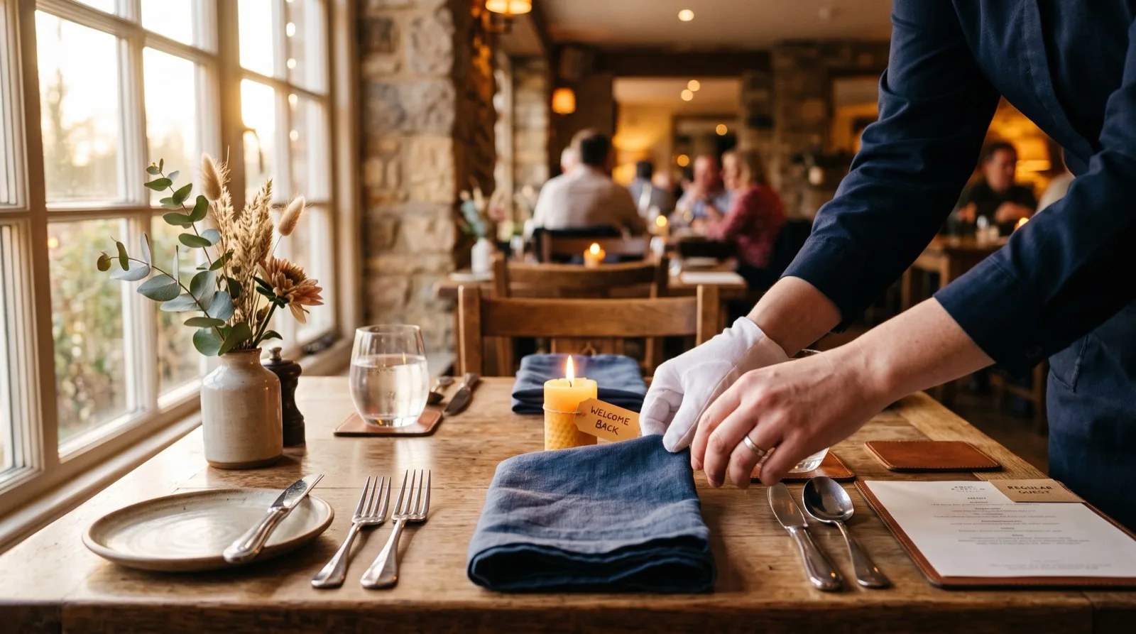 A server setting a table with a candle for a returning regular guest