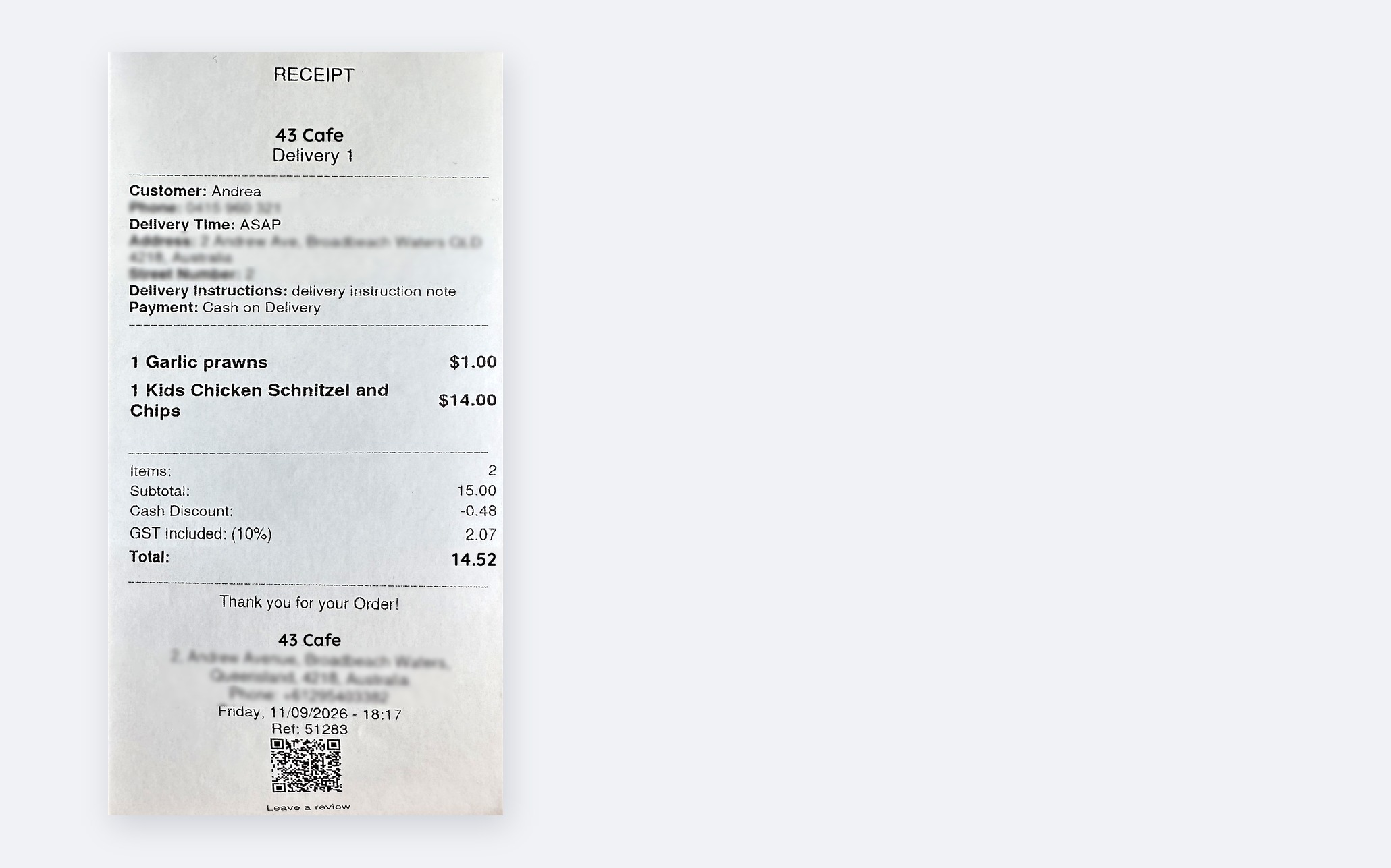 A printed receipt: date, items, total — nothing about who bought it